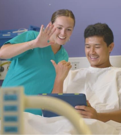 robots_service young person and nurse using the Canteen Robots service at hospital